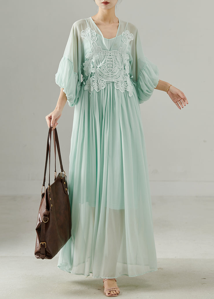 Women Green V Neck Patchwork Chiffon Long Dress Summer