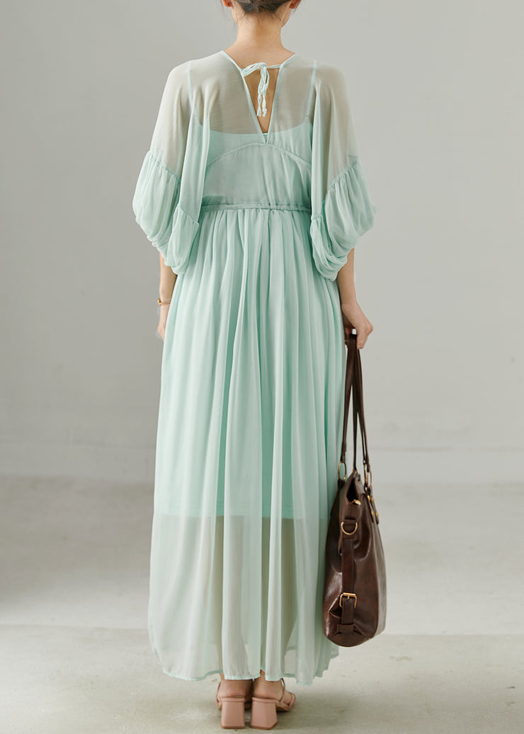 Women Green V Neck Patchwork Chiffon Long Dress Summer