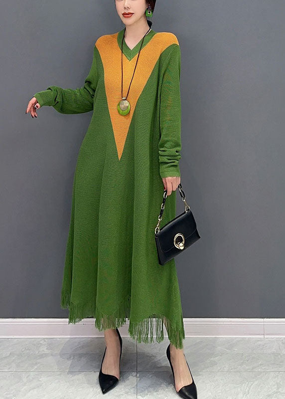 Women Green V Neck Patchwork Knit A Line Dress Spring