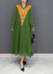 Women Green V Neck Patchwork Knit A Line Dress Spring