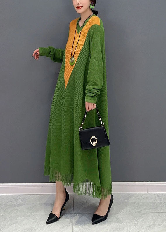 Women Green V Neck Patchwork Knit A Line Dress Spring