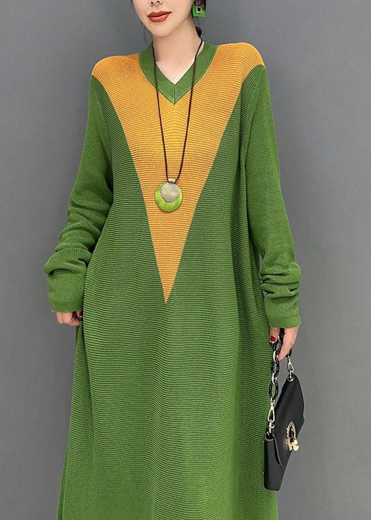 Women Green V Neck Patchwork Knit A Line Dress Spring