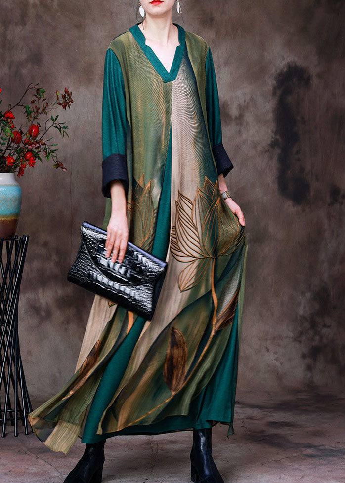 Women Green V Neck Patchwork Layered Silk Vacation Dresses Bracelet Sleeve