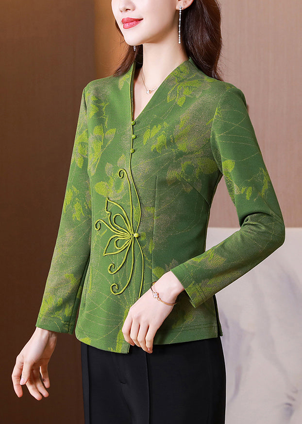 Women Green V Neck Patchwork Slim Fit Silk Tops Spring