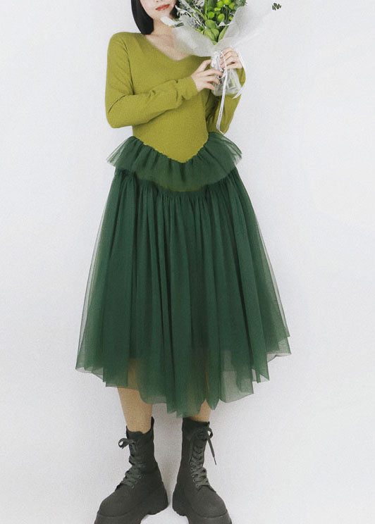 Women Green V Neck Patchwork Tulle Exra Large Hem Cotton Long Dress Long Sleeve