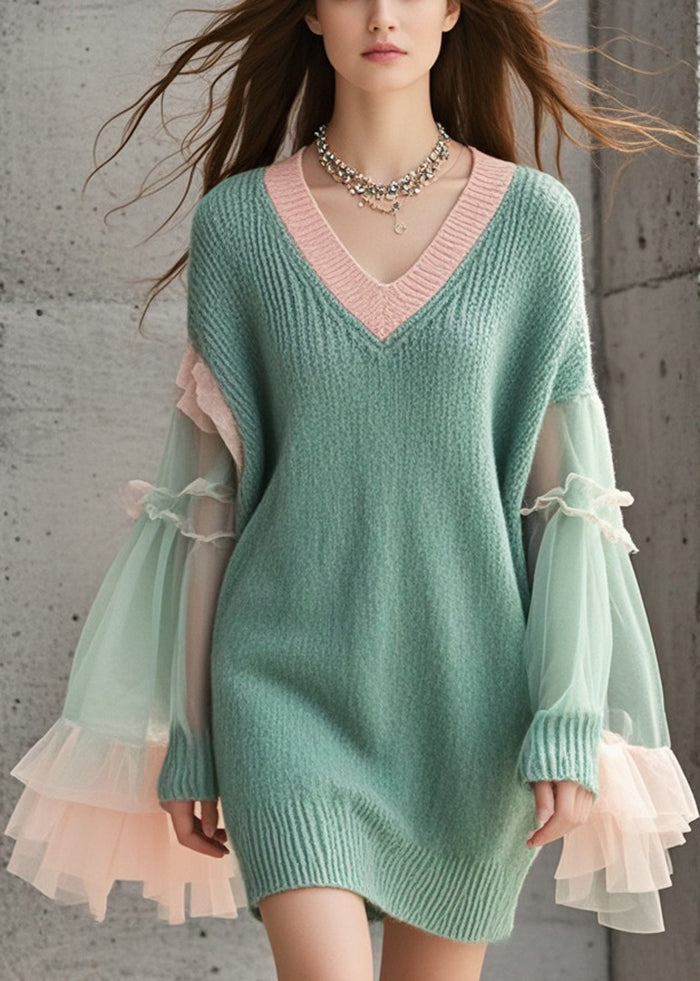 Women Green V Neck Patchwork Tulle Knitwear Dress Flare Sleeve