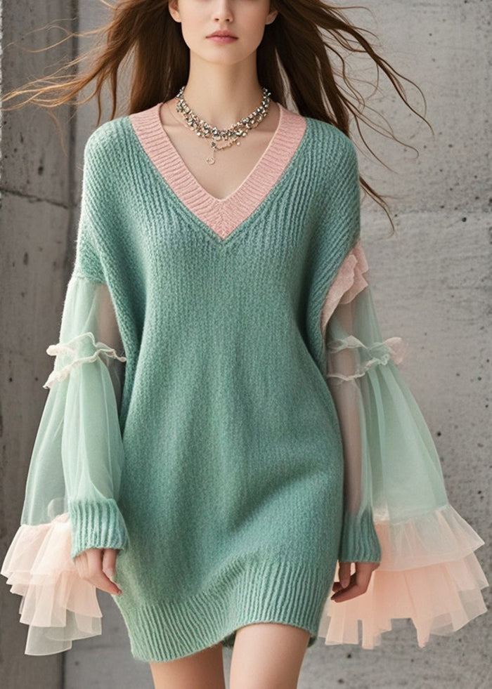 Women Green V Neck Patchwork Tulle Knitwear Dress Flare Sleeve