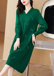 Women Green V Neck Patchwork Woolen Knit Sweater Dress Winter