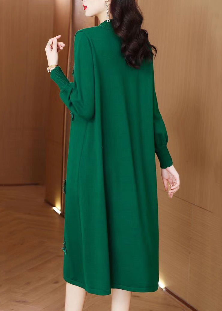 Women Green V Neck Patchwork Woolen Knit Sweater Dress Winter