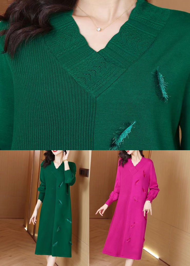 Women Green V Neck Patchwork Woolen Knit Sweater Dress Winter