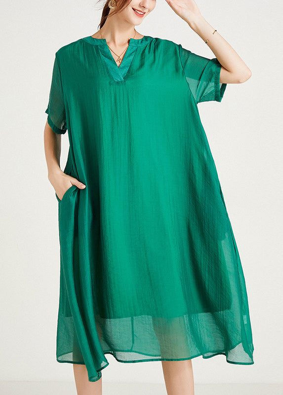 Women Green V Neck Plus Size Cotton Dresses Summer