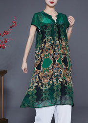 Women Green V Neck Print Chiffon Holiday Dress Summer