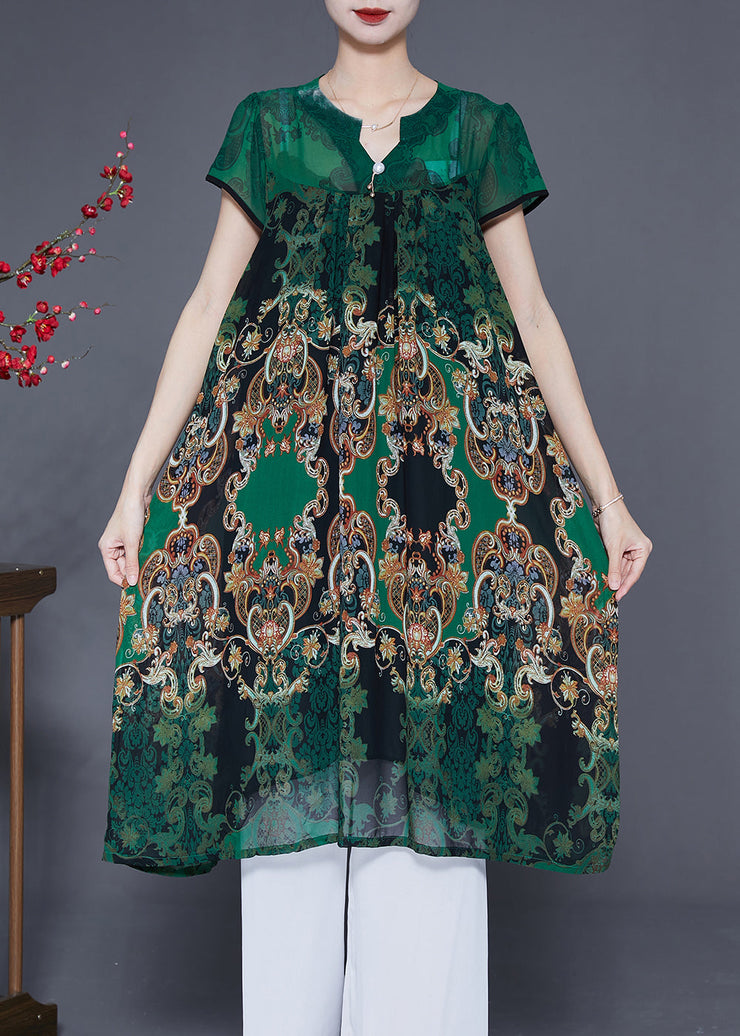 Women Green V Neck Print Chiffon Holiday Dress Summer