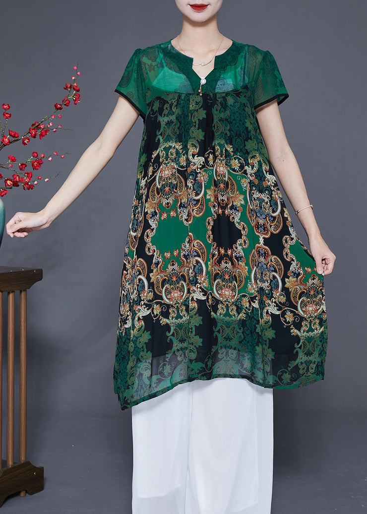 Women Green V Neck Print Chiffon Holiday Dress Summer