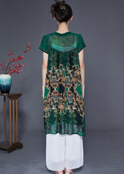 Women Green V Neck Print Chiffon Holiday Dress Summer