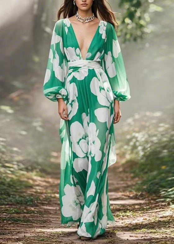 Women Green V Neck Print Chiffon Maxi Dress Spring