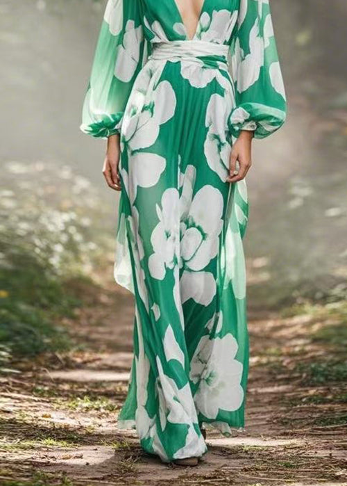 Women Green V Neck Print Chiffon Maxi Dress Spring