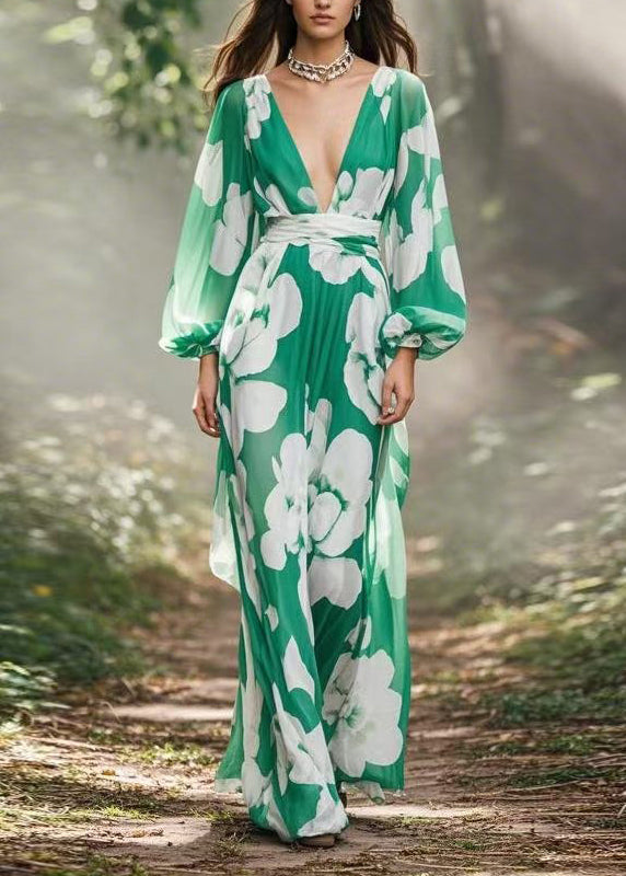 Women Green V Neck Print Chiffon Maxi Dress Spring