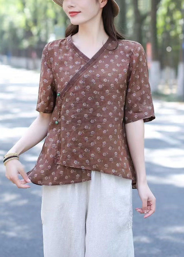 Women Green V Neck Print Patchwork Linen Blouses Summer