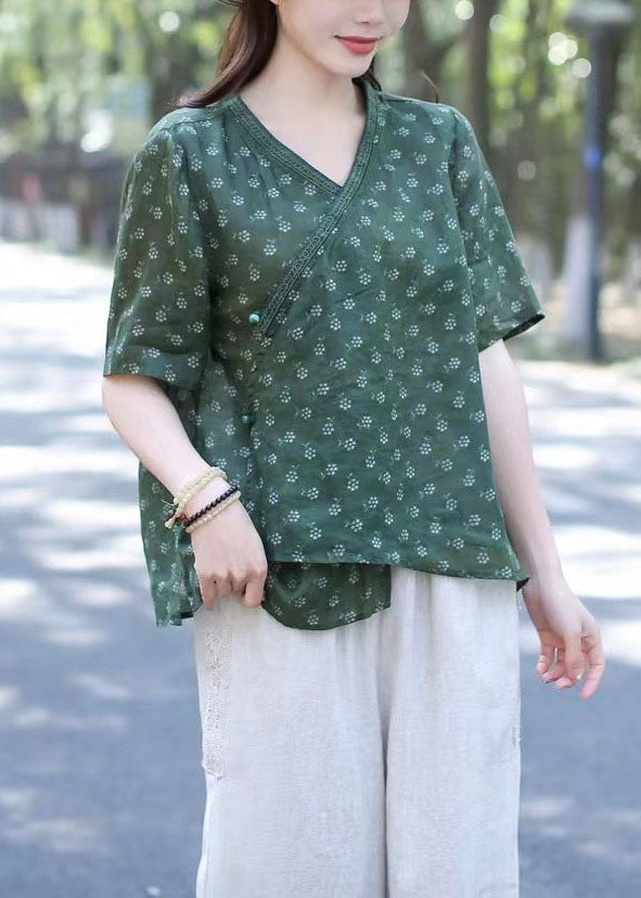 Women Green V Neck Print Patchwork Linen Blouses Summer