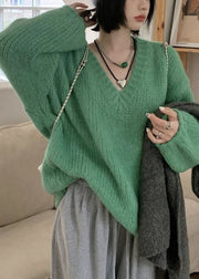 Women Green V Neck Solid Cotton Knit Sweaters Long Sleeve