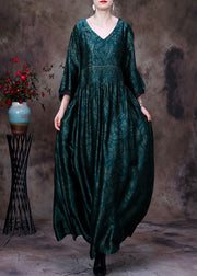 Women Green V Neck Wrinkled Print Silk Maxi Dresses Bracelet Sleeve