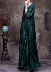 Women Green V Neck Wrinkled Print Silk Maxi Dresses Bracelet Sleeve