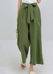 Women Green Wrinkled Bow Pockets Cotton Crop Pants Summer