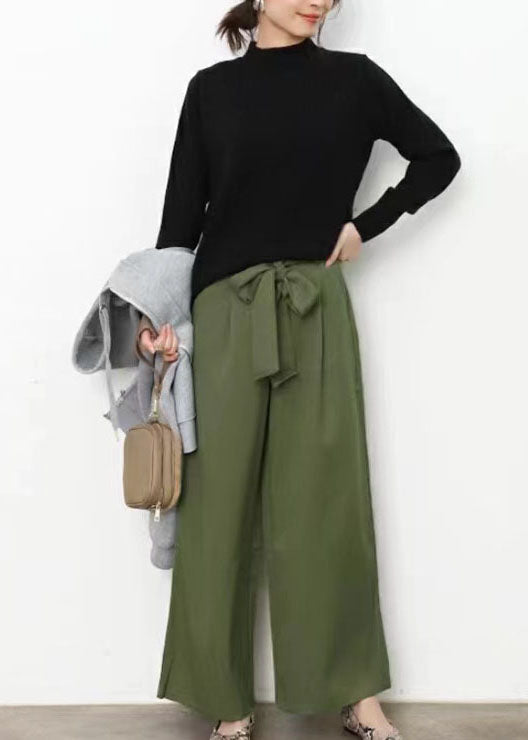 Women Green Wrinkled Bow Pockets Cotton Crop Pants Summer