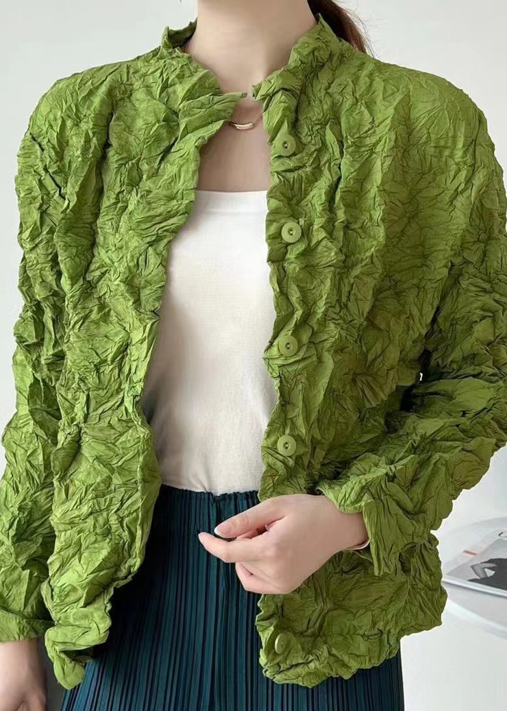 Women Green Wrinkled Button Cotton Thin Cardigan Coats Spring