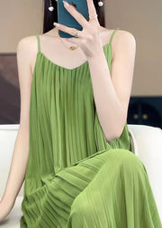 Women Green Wrinkled Solid Cotton Spaghetti Strap Dress Sleeveless