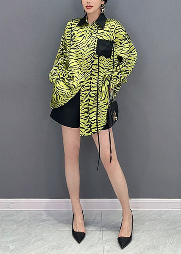 Women Green Zebra Pattern Patchwork Pocket Chiffon Tops Spring