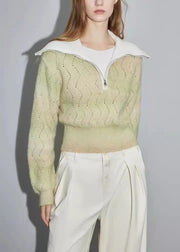 Women Green Zip Up Hollow Out Wool Knit Sweater Spring