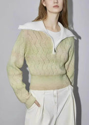 Women Green Zip Up Hollow Out Wool Knit Sweater Spring