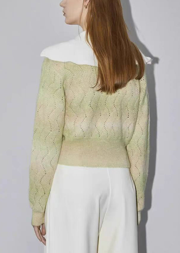 Women Green Zip Up Hollow Out Wool Knit Sweater Spring