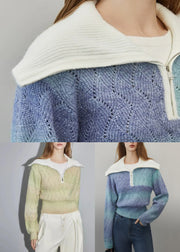 Women Green Zip Up Hollow Out Wool Knit Sweater Winter