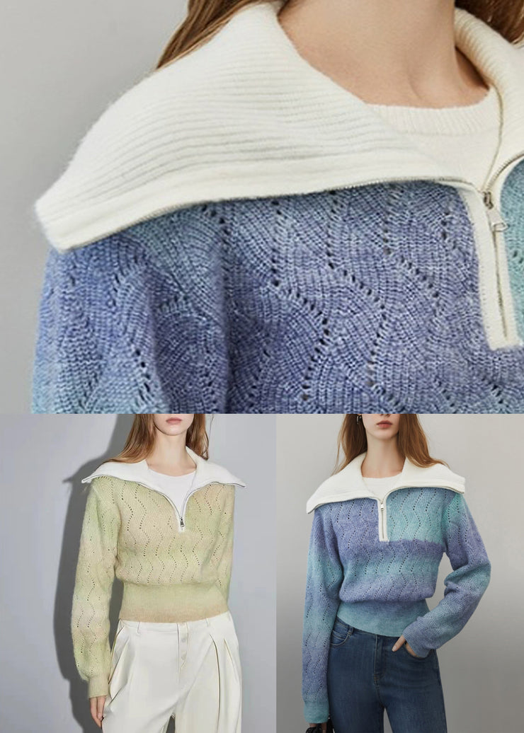 Women Green Zip Up Hollow Out Wool Knit Sweater Spring