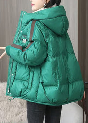 Women Green Zip Up Pockets Fine Cotton Filled Hooded Jackets Winter