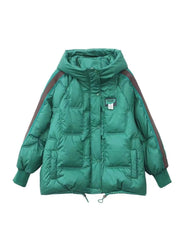 Women Green Zip Up Pockets Fine Cotton Filled Hooded Jackets Winter