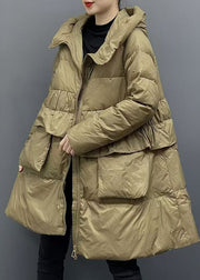 Women Green Zippered Patchwork Pockets Hooded Parka Winter