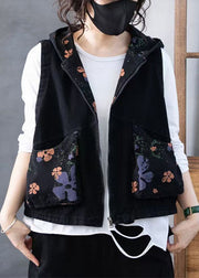 Women Green Zippered Print Hooded Denim Waistcoat Sleeveless