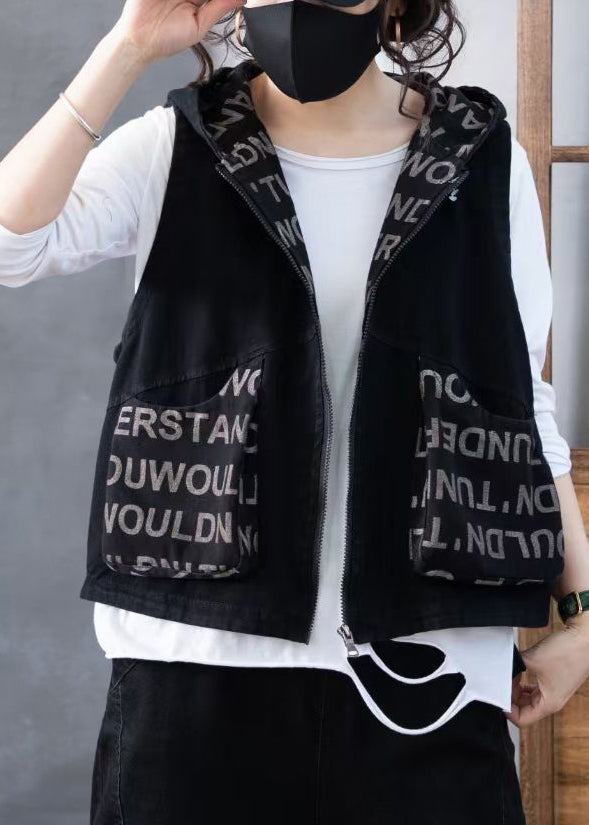 Women Green Zippered Print Hooded Denim Waistcoat Sleeveless