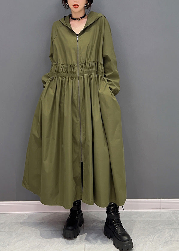 Women Green Zippered Wrinkled Hooded Long Trench Coats Spring