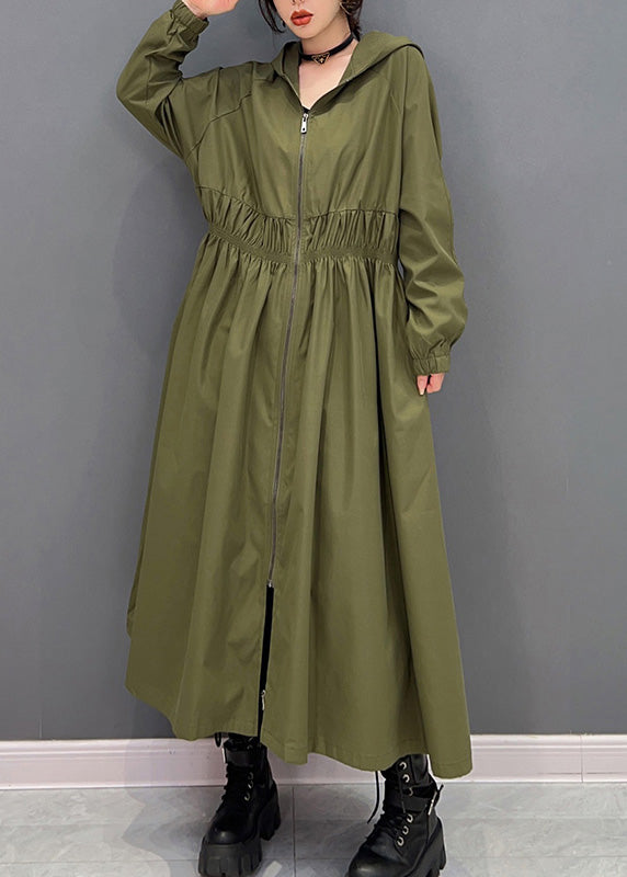 Women Green Zippered Wrinkled Hooded Long Trench Coats Spring