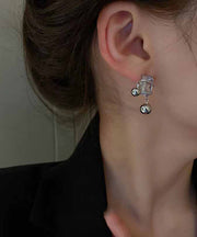 Women Grey Alloy Zircon Crystal Gem Stone Drop Earrings