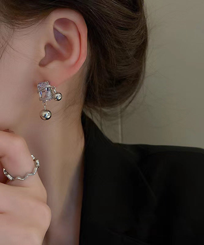 Women Grey Alloy Zircon Crystal Gem Stone Drop Earrings