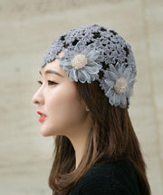 Women Grey Applique Hollow Out Knit Bonnie Hat