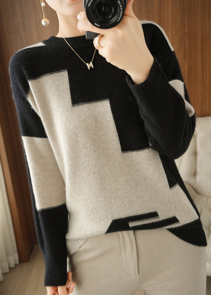 Women Grey Asymmetrical Patchwork Wool Knit Top Fall