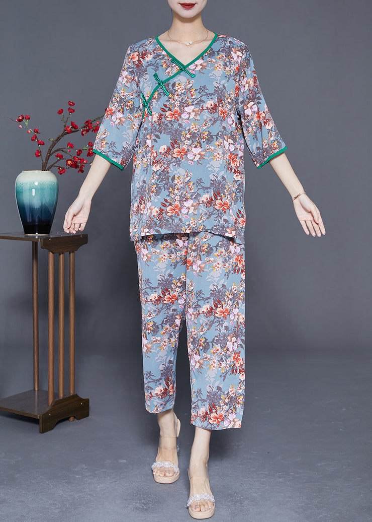 Women Grey Blue Chinese Button Print Silk Two Pieces Set Summer