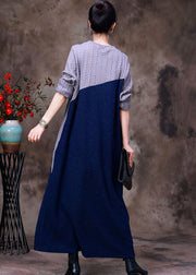 Women Grey Blue Patchwork Oriental Button Knit Sweater Dress Long Sleeve